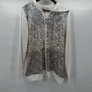 Quacker Factory Sweatshirt Womens Medium Cream Sequin Front Full Zip Soft